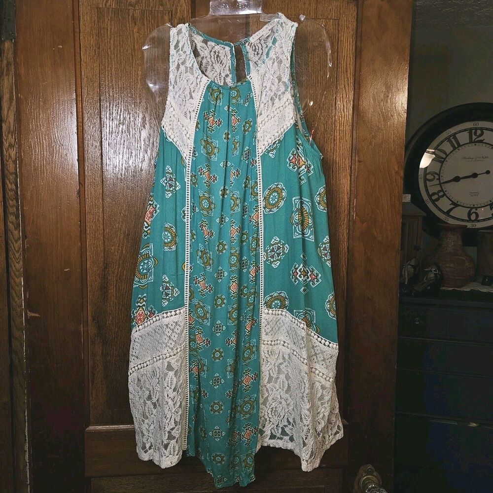 Hint Of Mint Women's Large Teal & Cream‎ Boho Sun SL Dress Lace Over Lined Dress